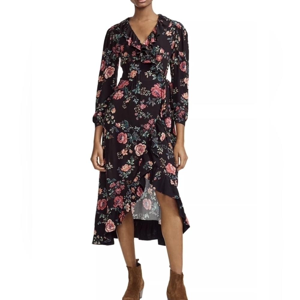 Maje Rosetina black Floral Ruffle Wrap Dress Size 1 / small Hi Lo